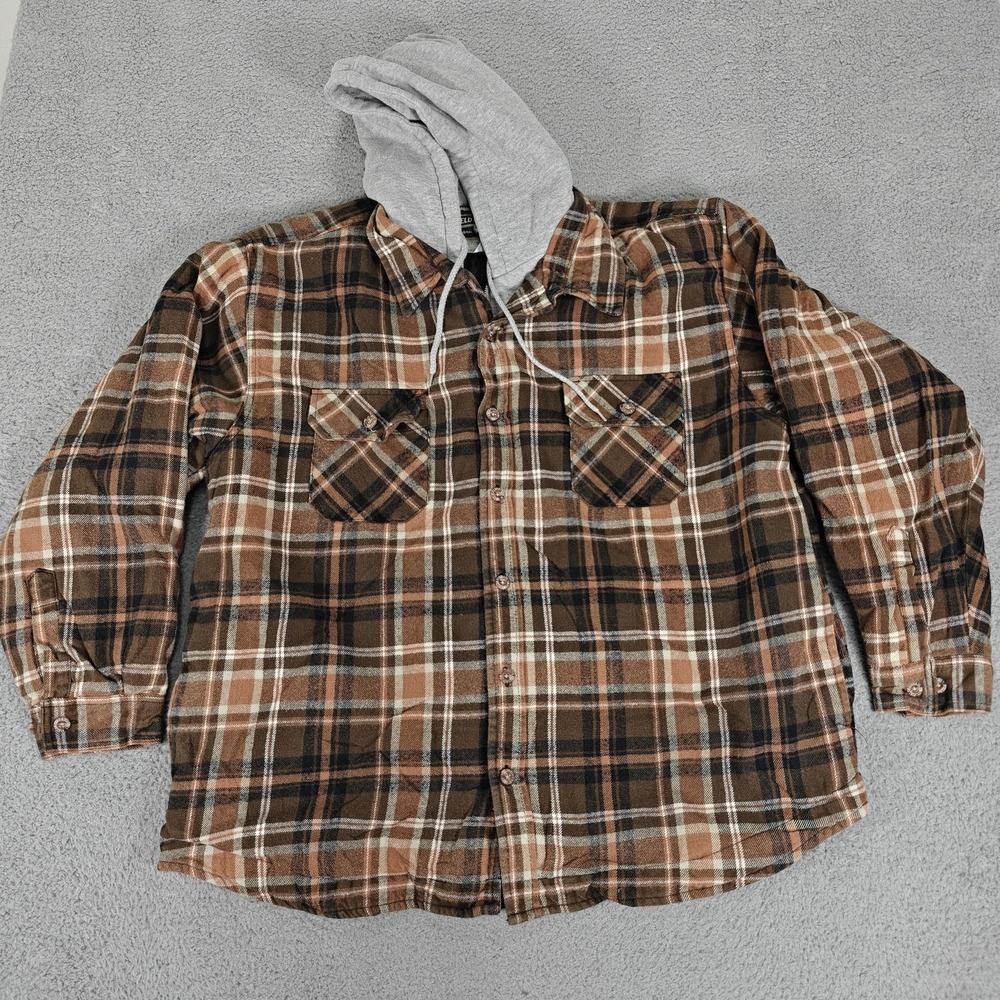 Field & Stream Jacket Mens 2XL Brown Plaid Hooded Flannel Shacket Insulated‎